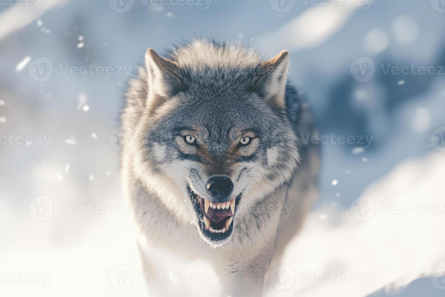 Majestic Wolf Snarling in Snowy Wilderness Amidst Falling Snowflakes photo