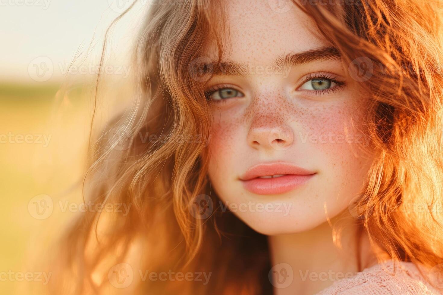 Portrait of Young Woman with Freckles in Sunlit Field photo