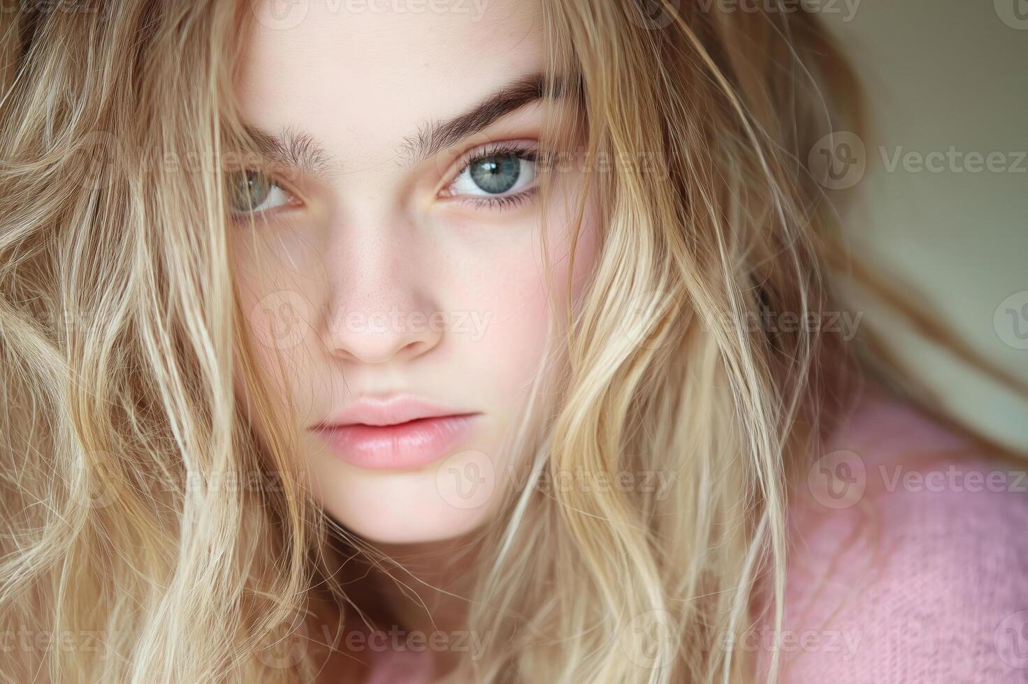Close Up Portrait of a Young Woman with Natural Blonde Hair and Soft Expression photo