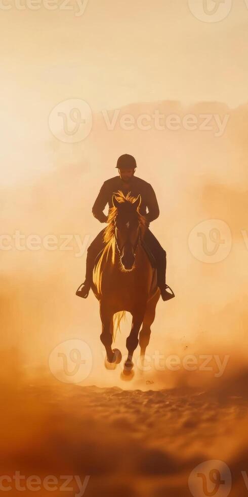 Silhouette of Rider and Horse in Sunset Dust for Adventure and Equestrian Themes photo