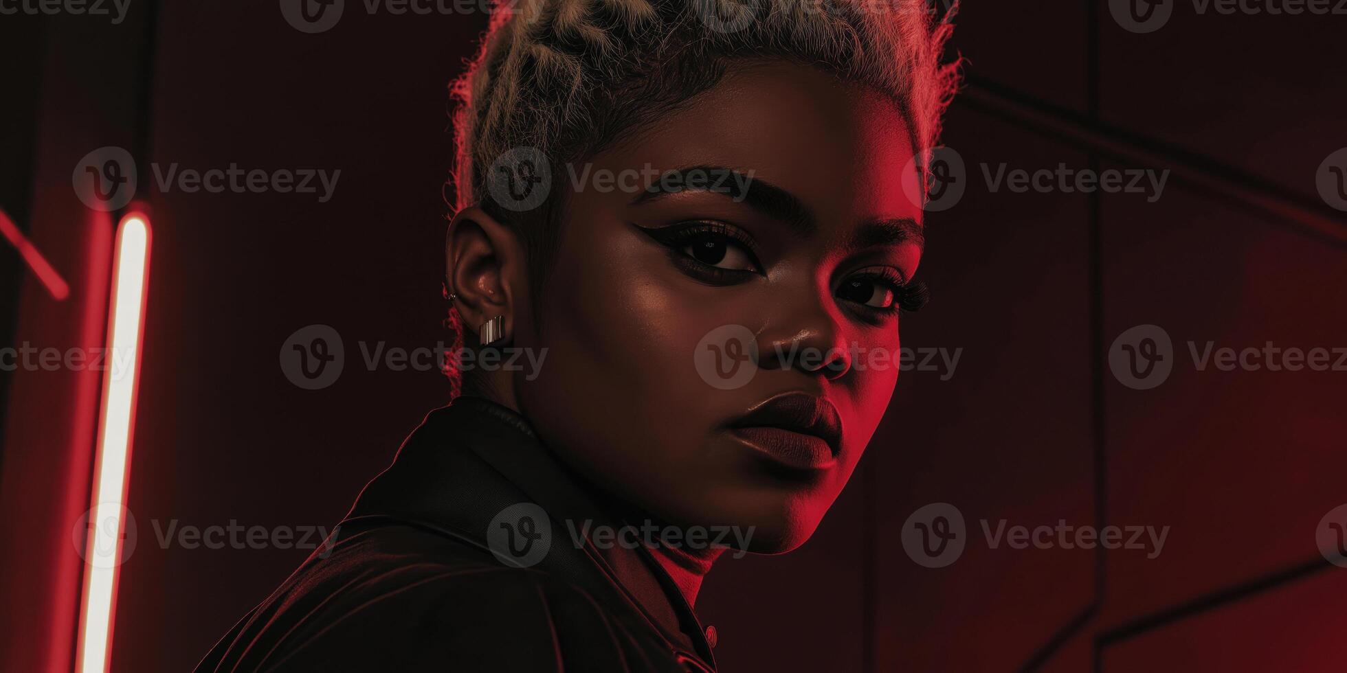 Striking Portrait of a Confident Woman in Neon Red Light photo