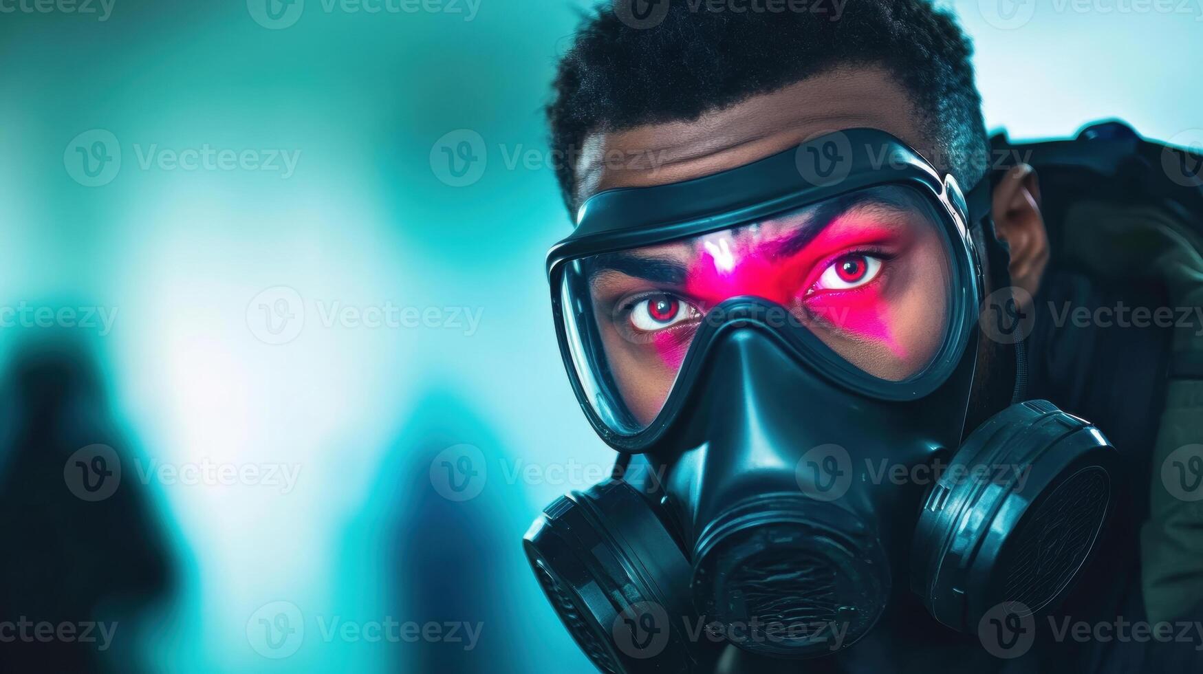 Futuristic Portrait of Man in Protective Gas Mask with Intense Lighting photo