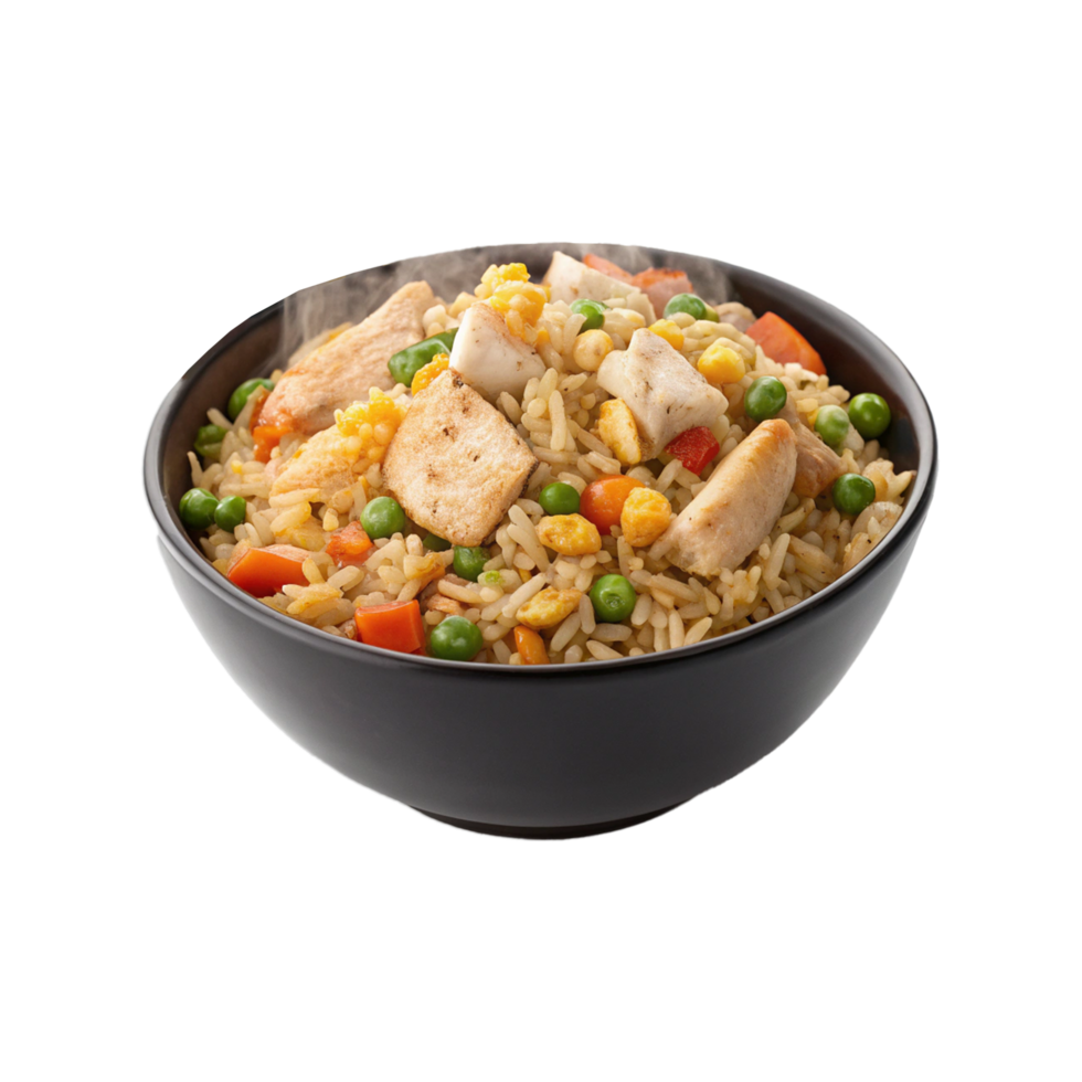 White rice with vegetables in a black bowl on transparent background png