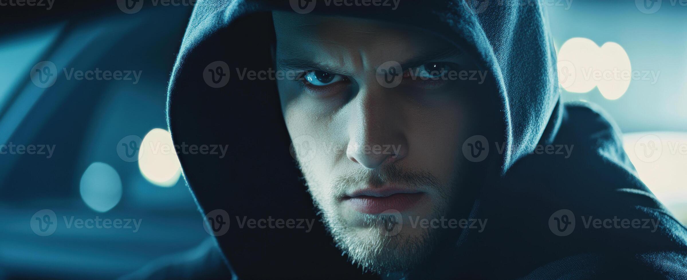 Intense Gaze of Mysterious Hooded Figure in Low Light Urban Setting photo