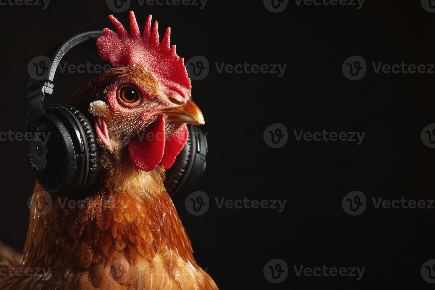 Hen Wearing Headphones Against Dark Background Quirky and Modern Stock Concept photo