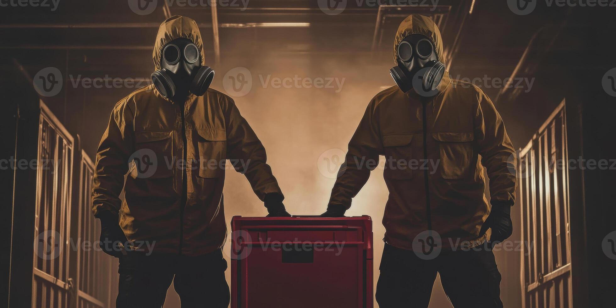 Mysterious Figures in Protective Gear with Red Box in Dark Industrial Setting photo