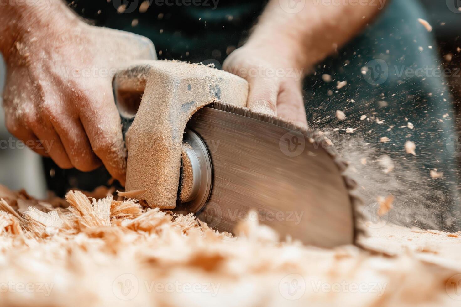 Skilled Carpenter Cutting Wood with Precision Circular Saw in Workshop photo