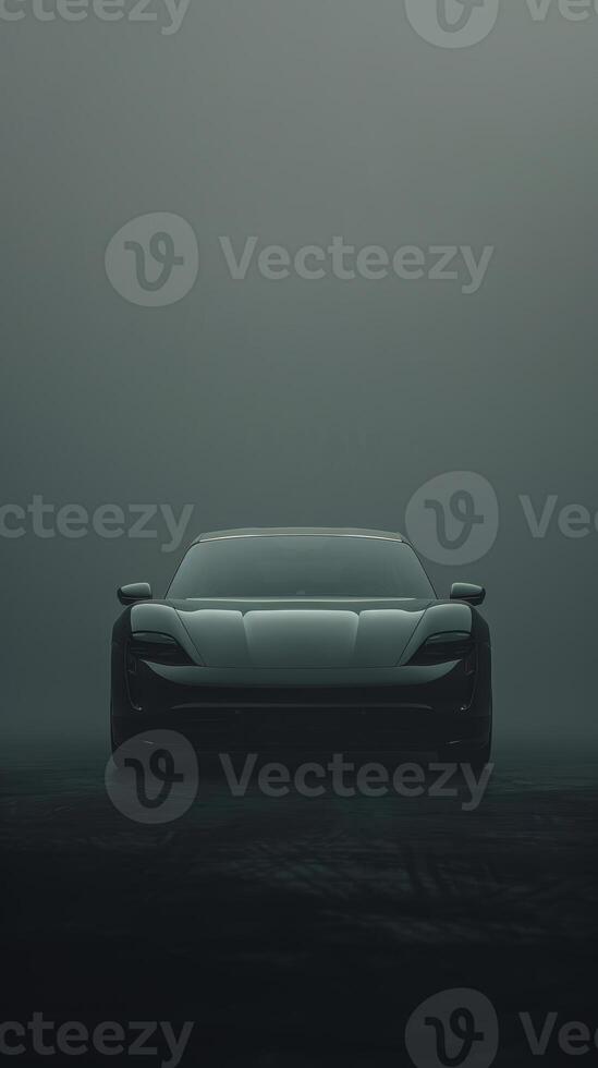 Sleek modern electric car under foggy atmospheric lighting photo