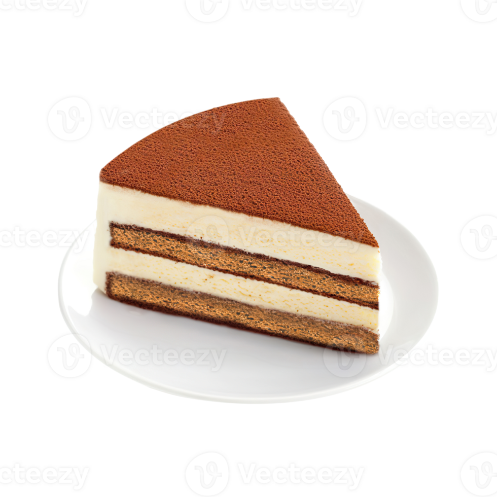 Tiramisu cake slice transparent , isolated background. Patisserie bakery pastry shop menu dessert, vibrant colorful classic delicacy on white plate png