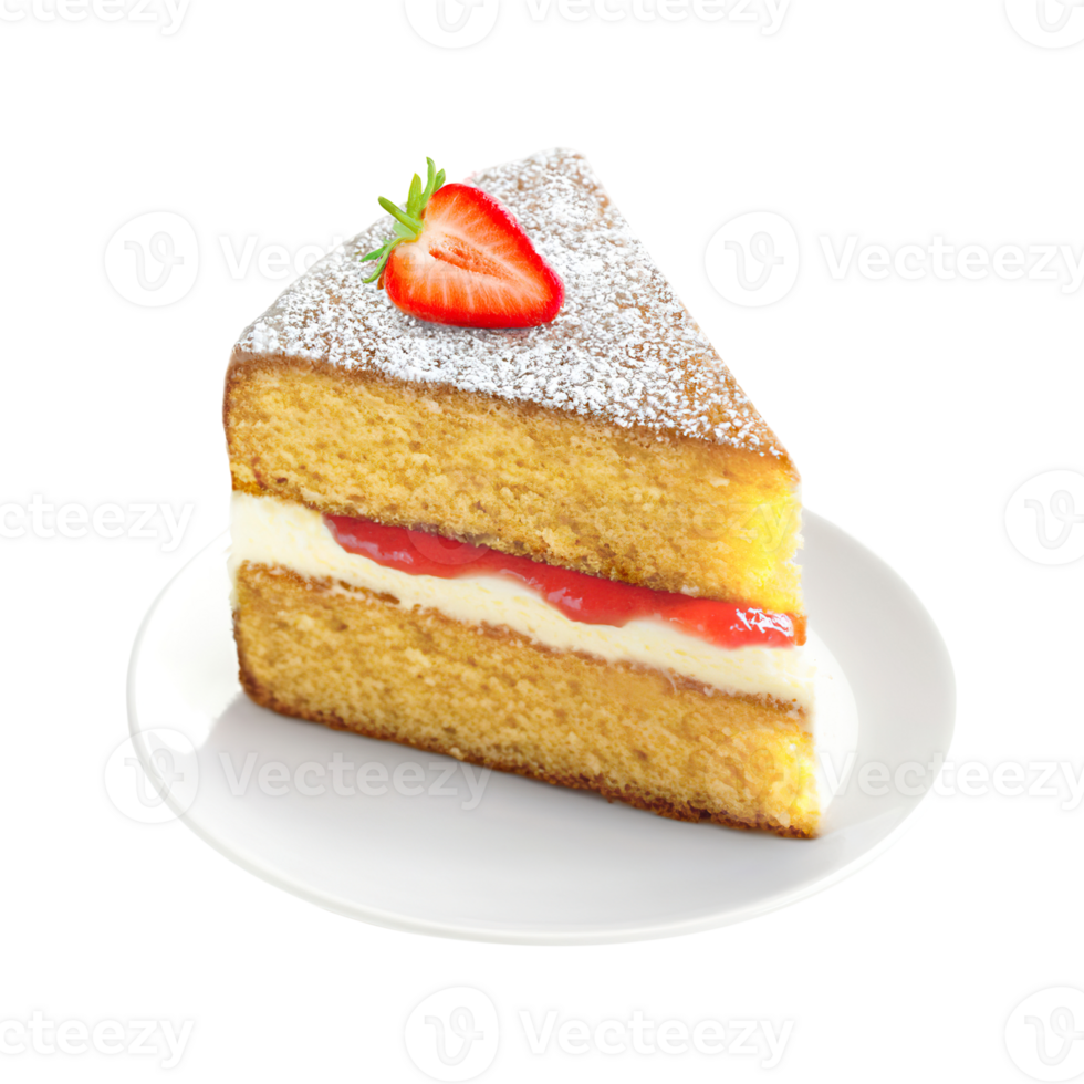Victoria Sponge cake slice transparent , isolated background. Patisserie bakery pastry shop menu dessert, vibrant colorful classic delicacy on white plate png
