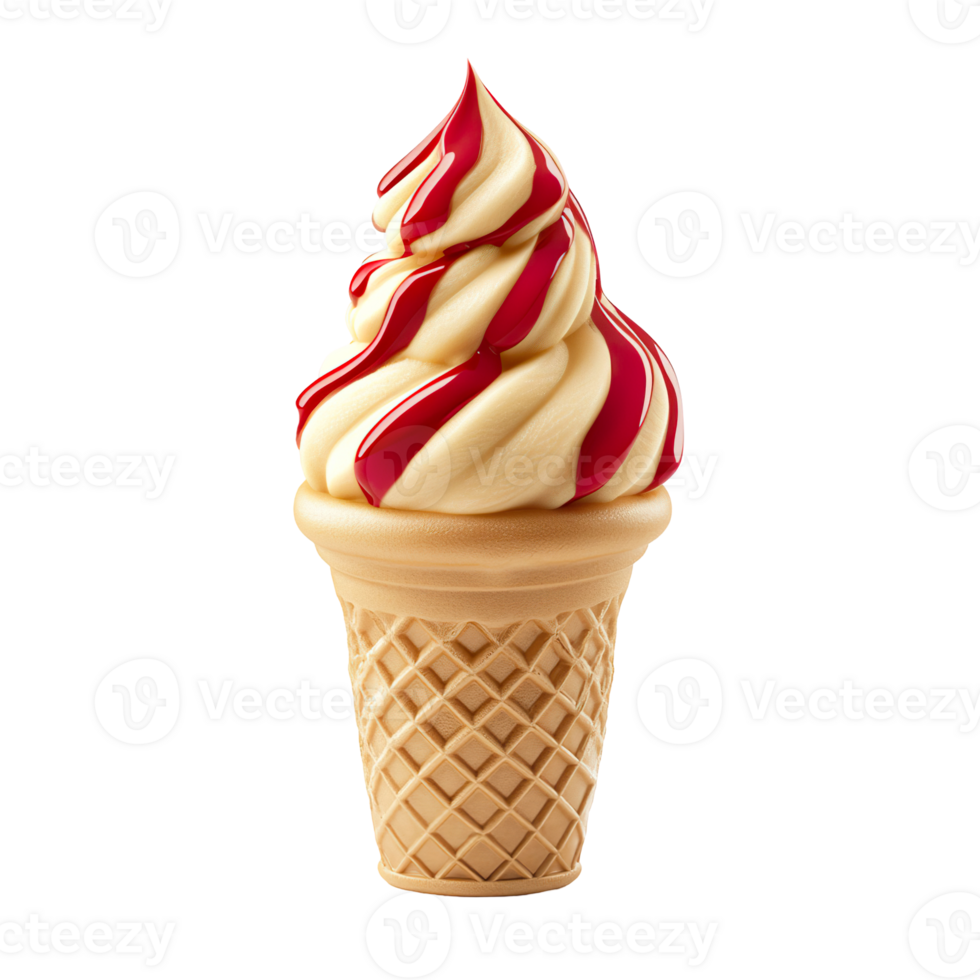 Raspberry Ripple soft serve ice cream in waffle cup transparent , isolated background cutout. png