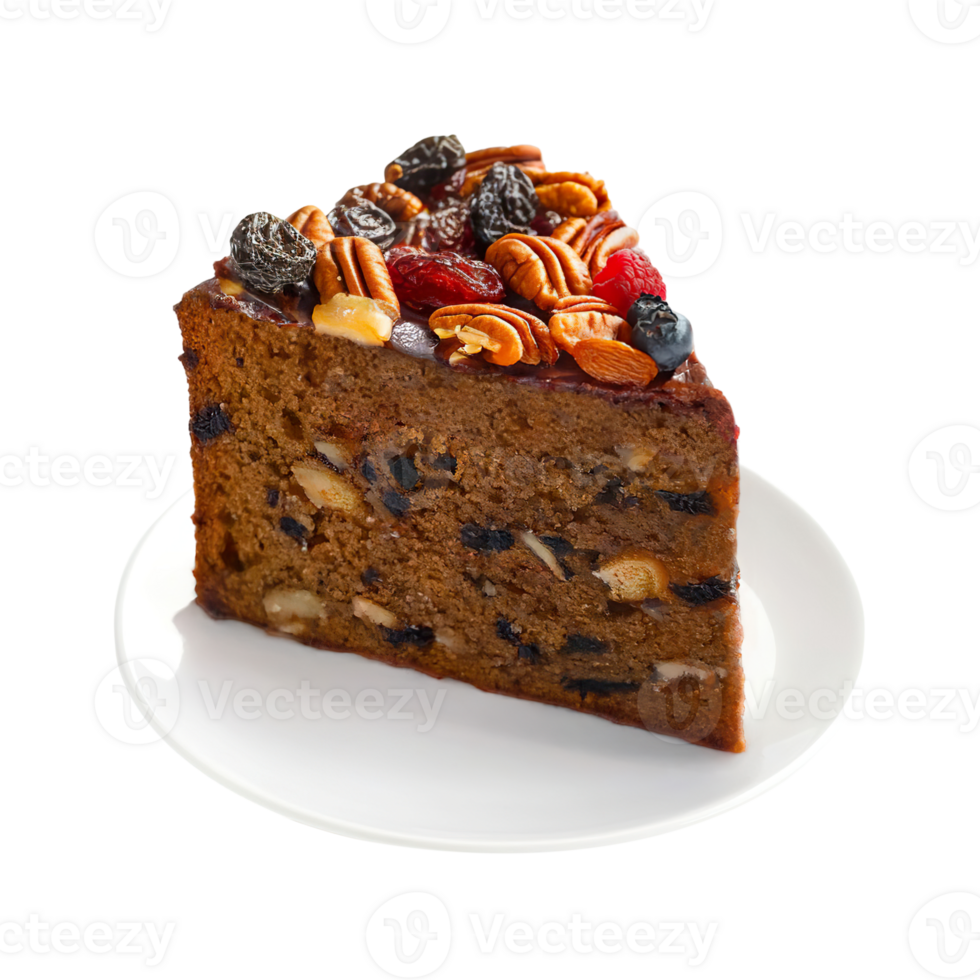 Fruit cake slice transparent , isolated background. Patisserie bakery pastry shop menu dessert, vibrant colorful classic delicacy on white plate png