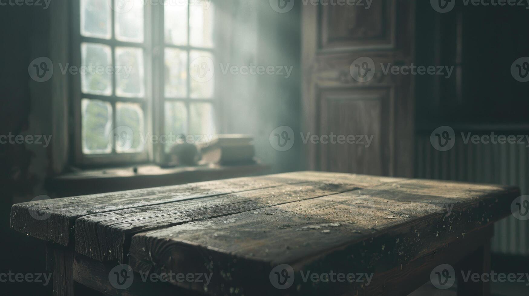 Sunlight illuminating rustic wooden table in vintage room with dust particles and old books photo