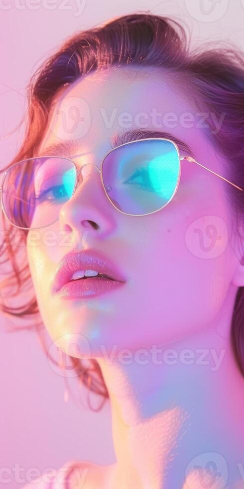 Young caucasian woman with glasses in neon lighting, close up portrait photo