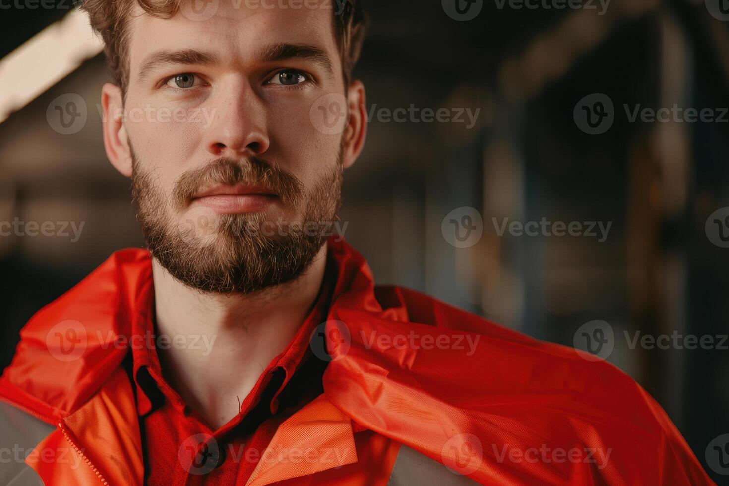 Young adult caucasian man in a bright orange jacket standing indoors with an intense expression photo