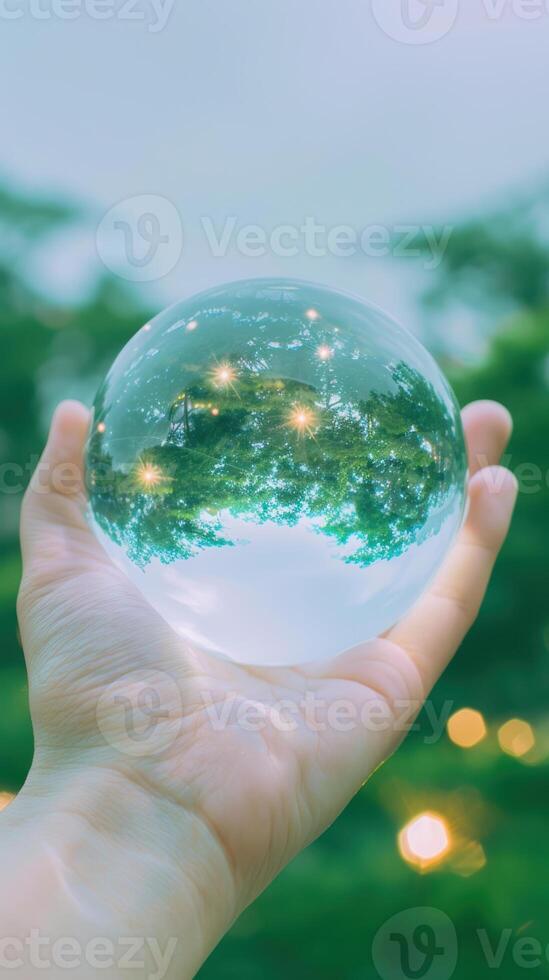 Caucasian young adult holding reflective globe amidst nature with trees and lights in background photo