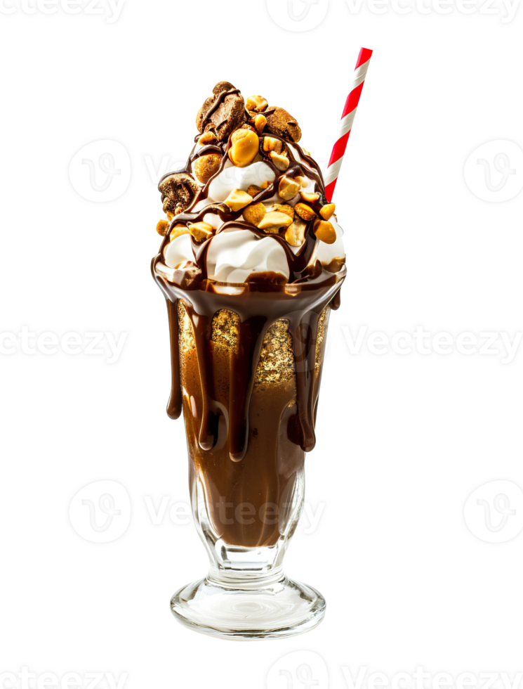 Chocolate Cocoa Spread milkshake transparent , isolated background. Whipped cream topping garnish, served in glass, striped straw, shake bar menu dessert png