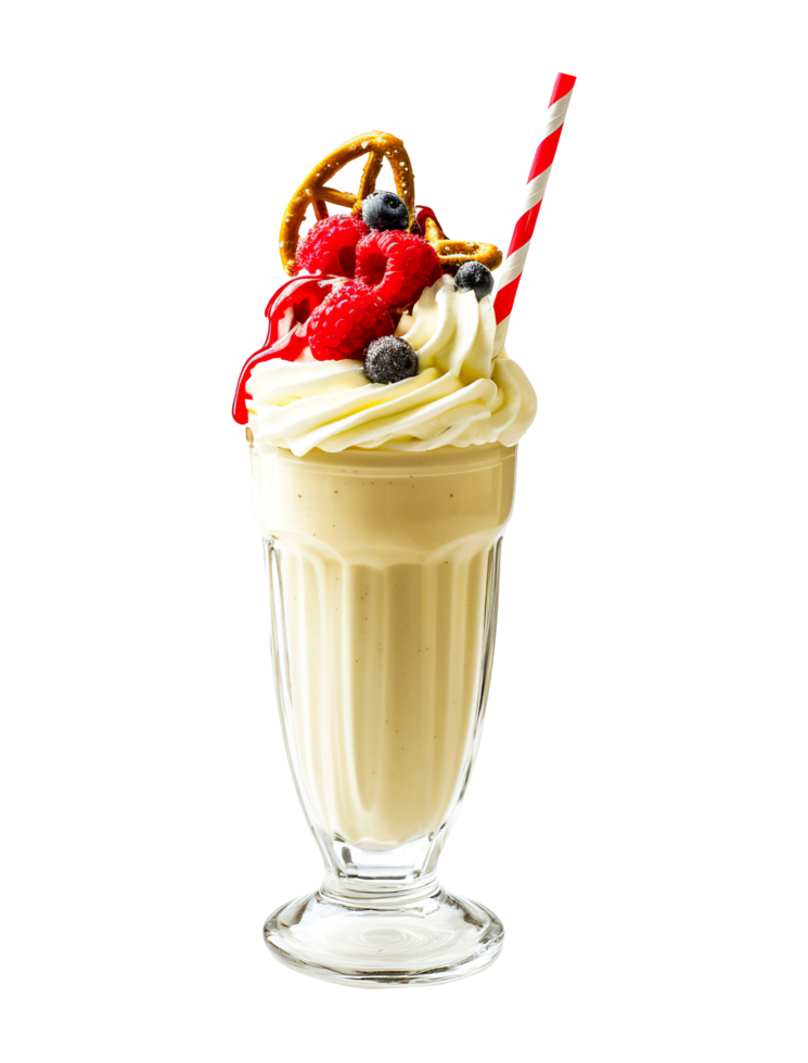 Vanilla Pretzel Raspberry milkshake transparent , isolated background. Whipped cream topping garnish, served in glass, striped straw, shake bar menu dessert png