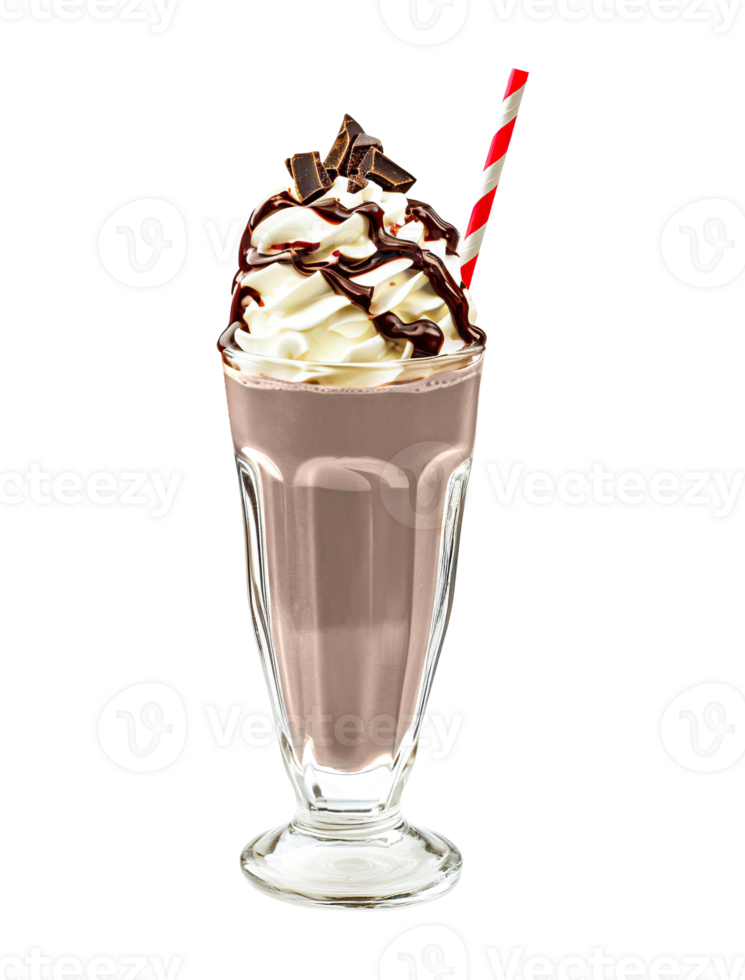 Chocolate milkshake transparent , isolated background. Whipped cream topping garnish, served in glass, striped straw, shake bar menu dessert png