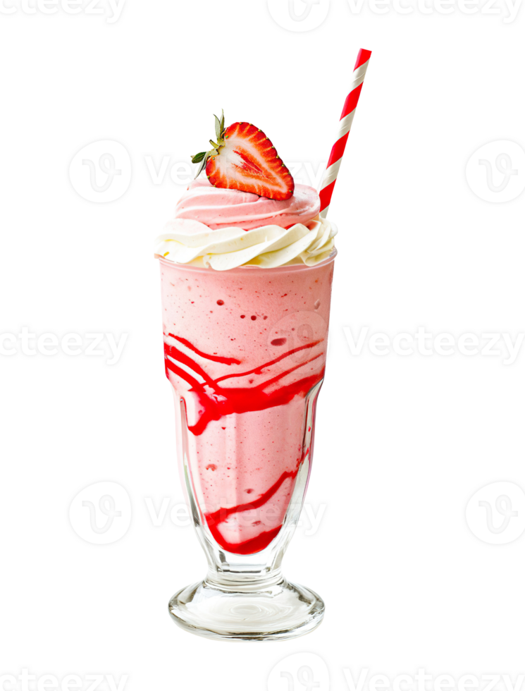Strawberry milkshake transparent , isolated background. Whipped cream topping garnish, served in glass, striped straw, shake bar menu dessert png