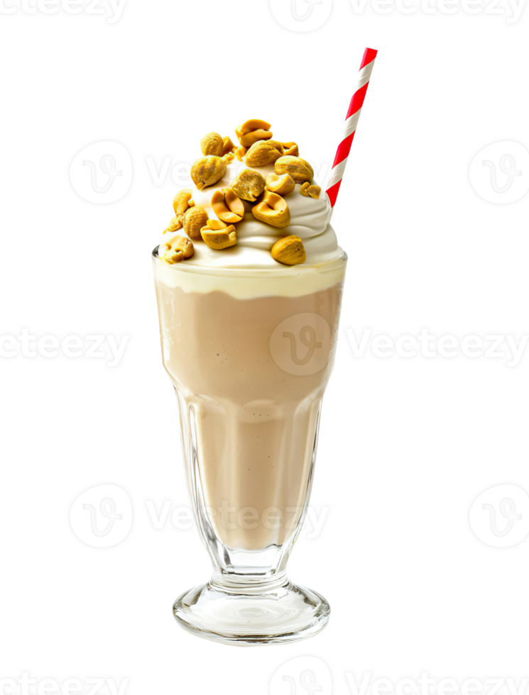 Peanut Butter milkshake transparent , isolated background. Whipped cream topping garnish, served in glass, striped straw, shake bar menu png