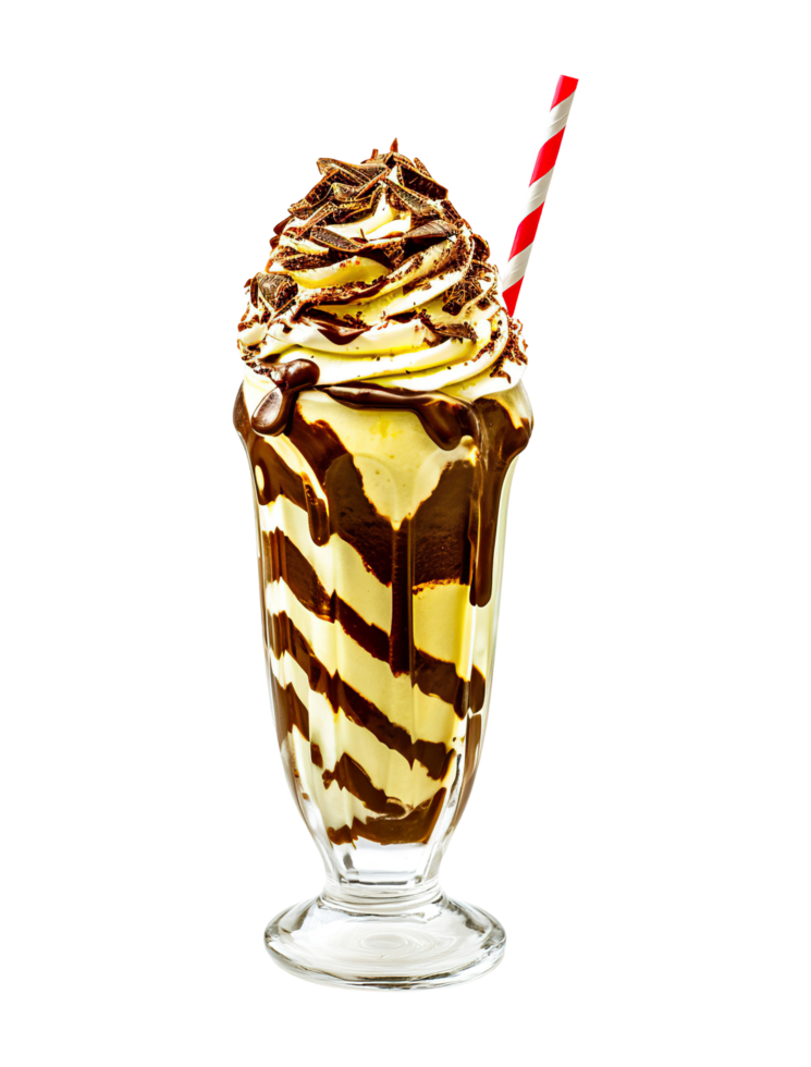 Banana Chocolate Drizzle milkshake transparent , isolated background. Whipped cream topping garnish, served in glass, striped straw, shake bar menu dessert png