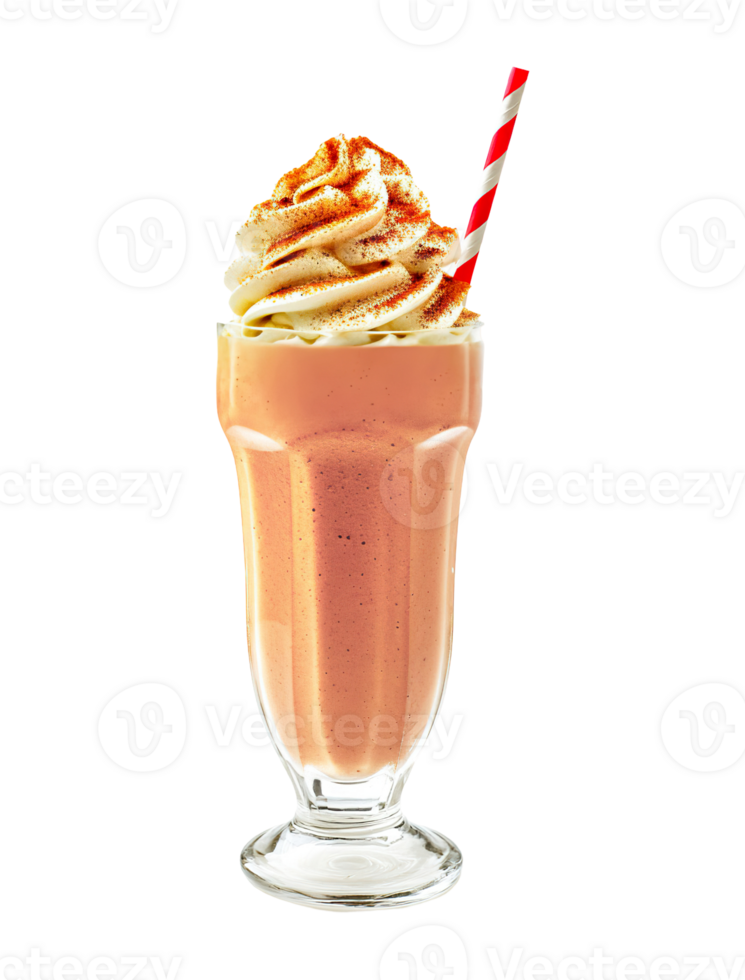 Pumpkin Spice milkshake transparent , isolated background. Whipped cream topping garnish, served in glass, striped straw, shake bar menu dessert png