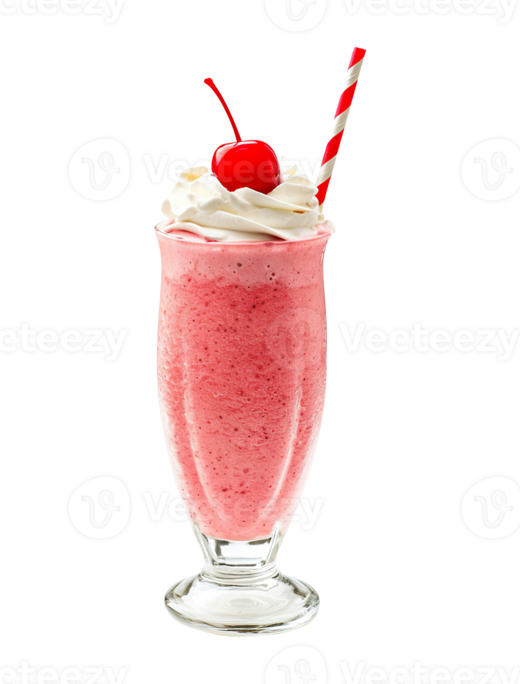 Cherry milkshake transparent , isolated background. Whipped cream topping garnish, served in glass, striped straw, shake bar menu dessert png