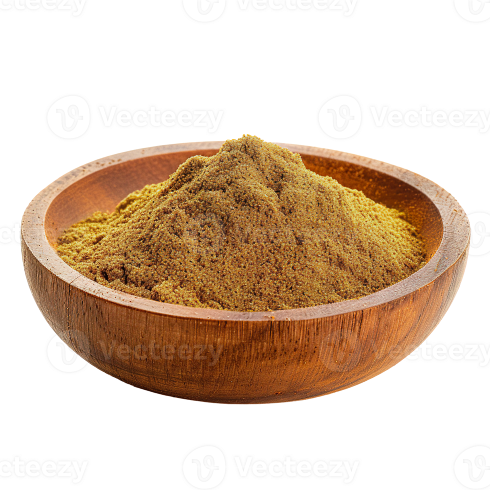 Cumin spice in wooden bowl , transparent isolated background. Ground spices, vibrant vivid colorful cooking seasoning ingredient, food flavour png