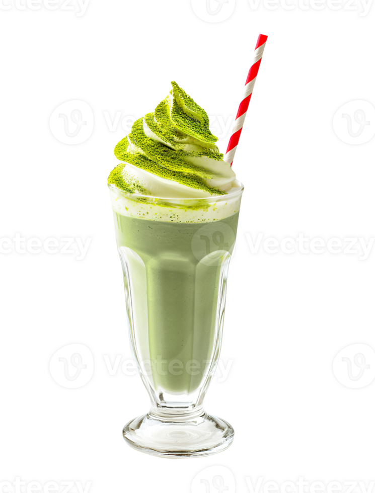 Matcha Green Tea milkshake transparent , isolated background. Whipped cream topping garnish, served in glass, striped straw, shake bar menu dessert png
