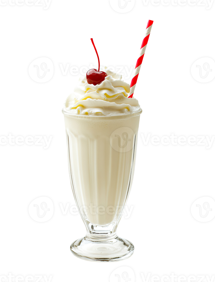 Vanilla milkshake transparent , isolated background. Whipped cream topping garnish, served in glass, striped straw, shake bar menu dessert png