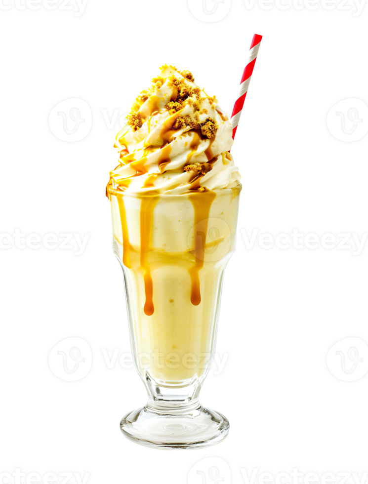 Salted Caramel milkshake transparent , isolated background. Whipped cream topping garnish, served in glass, striped straw, shake bar menu dessert png