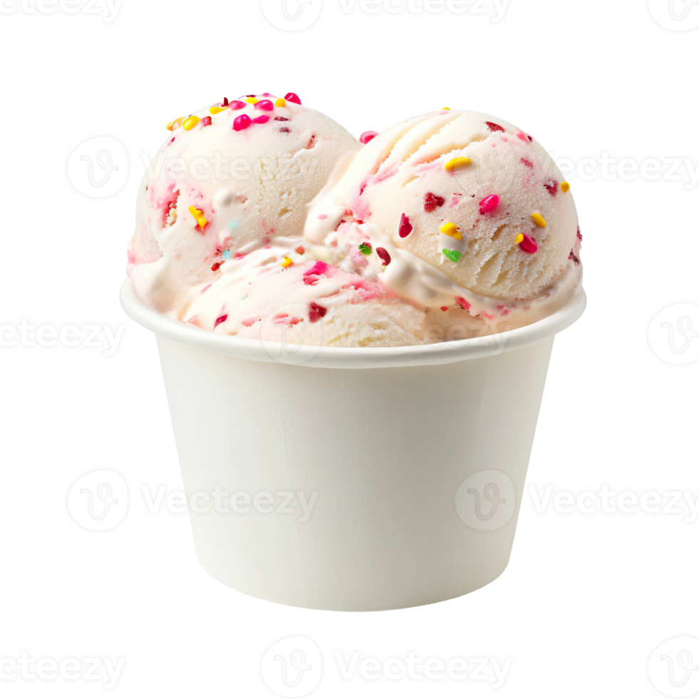 Tutti Frutti ice cream transparent , isolated background. White paper cup mockup, parlour shop menu dessert, vibrant colorful classic flavour png
