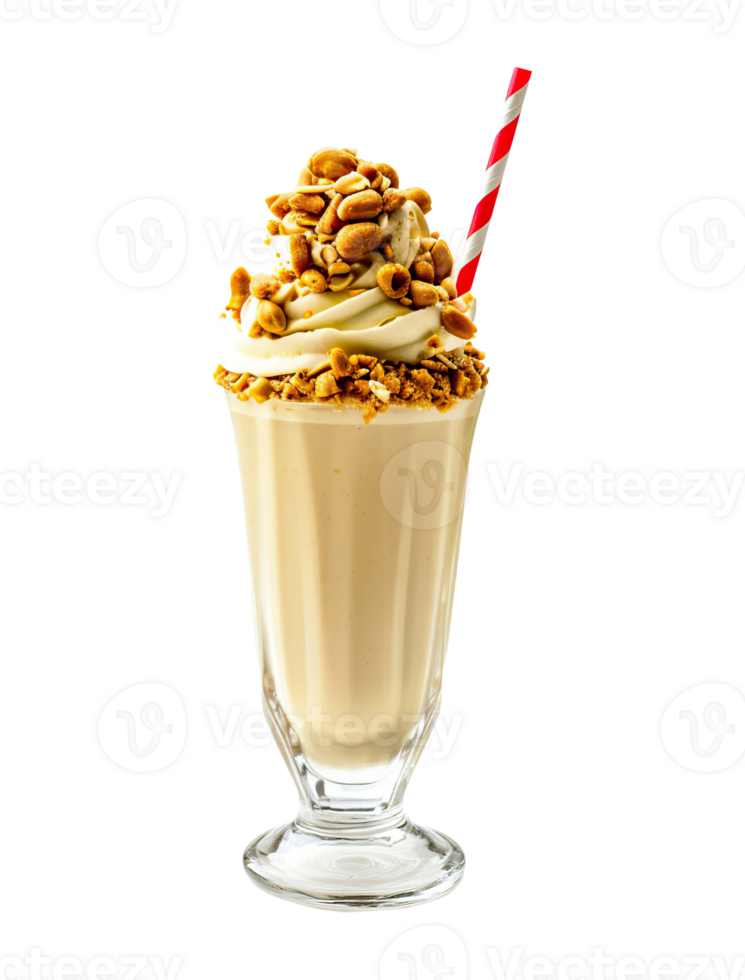 Peanut Butter milkshake transparent , isolated background. Whipped cream topping garnish, served in glass, striped straw, shake bar png