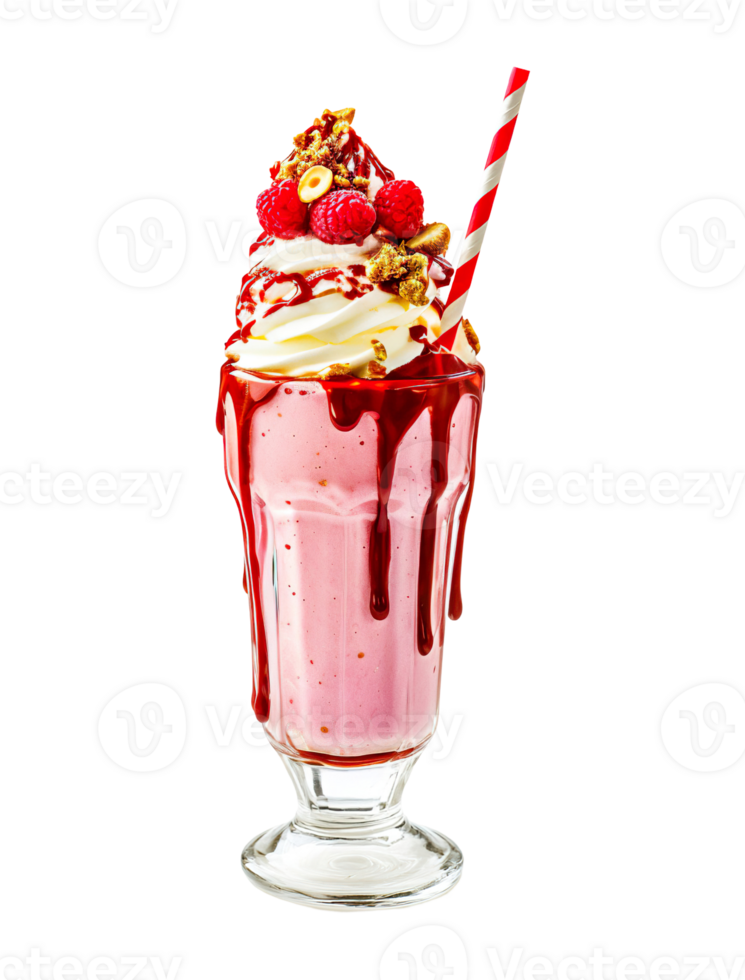 Raspberry milkshake transparent , isolated background. Whipped cream topping garnish, served in glass, striped straw, shake bar menu dessert png