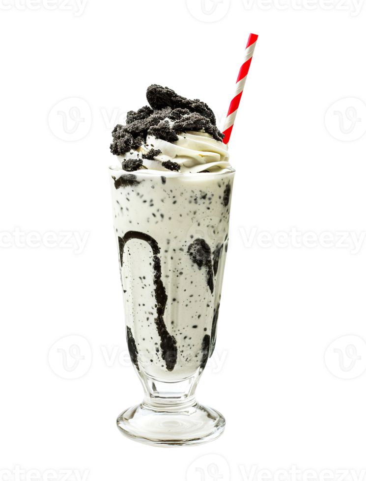 Cookies and Cream milkshake transparent , isolated background. Whipped cream topping garnish, served in glass, striped straw, shake bar menu dessert png