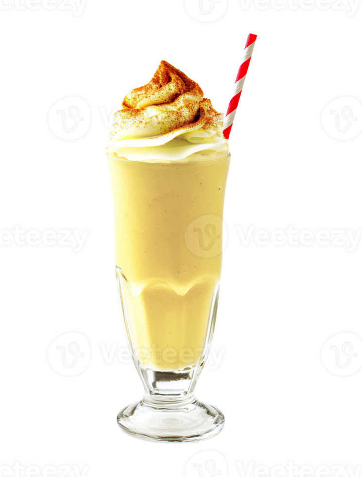 Banana milkshake transparent , isolated background. Whipped cream topping garnish, served in glass, striped straw, shake bar menu dessert png