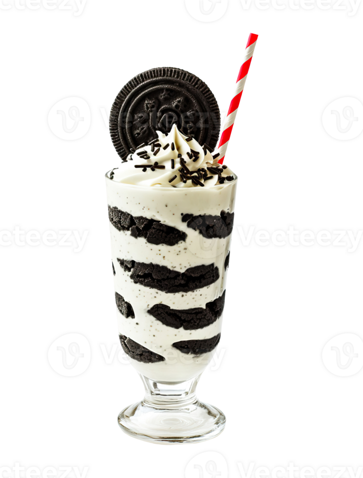 Cookies and Cream milkshake transparent , isolated background. Whipped cream topping garnish, served in glass, striped straw, shake bar menu dessert graphic png