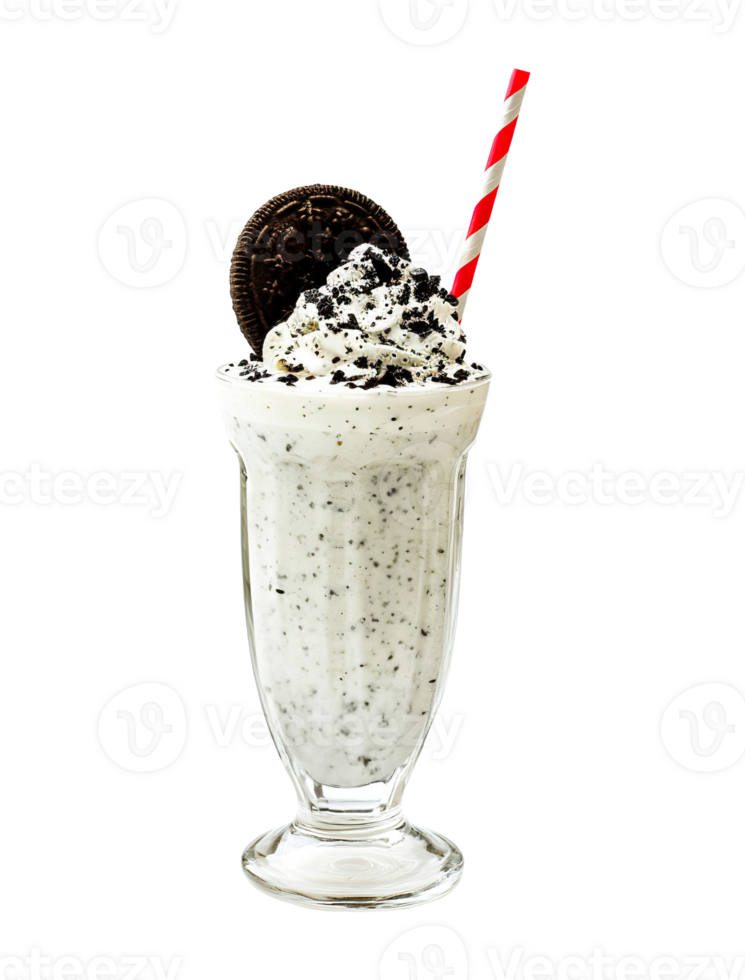 Cookies and Cream milkshake transparent , isolated background. Whipped cream topping garnish, served in glass, striped straw, shake bar menu cold dessert png