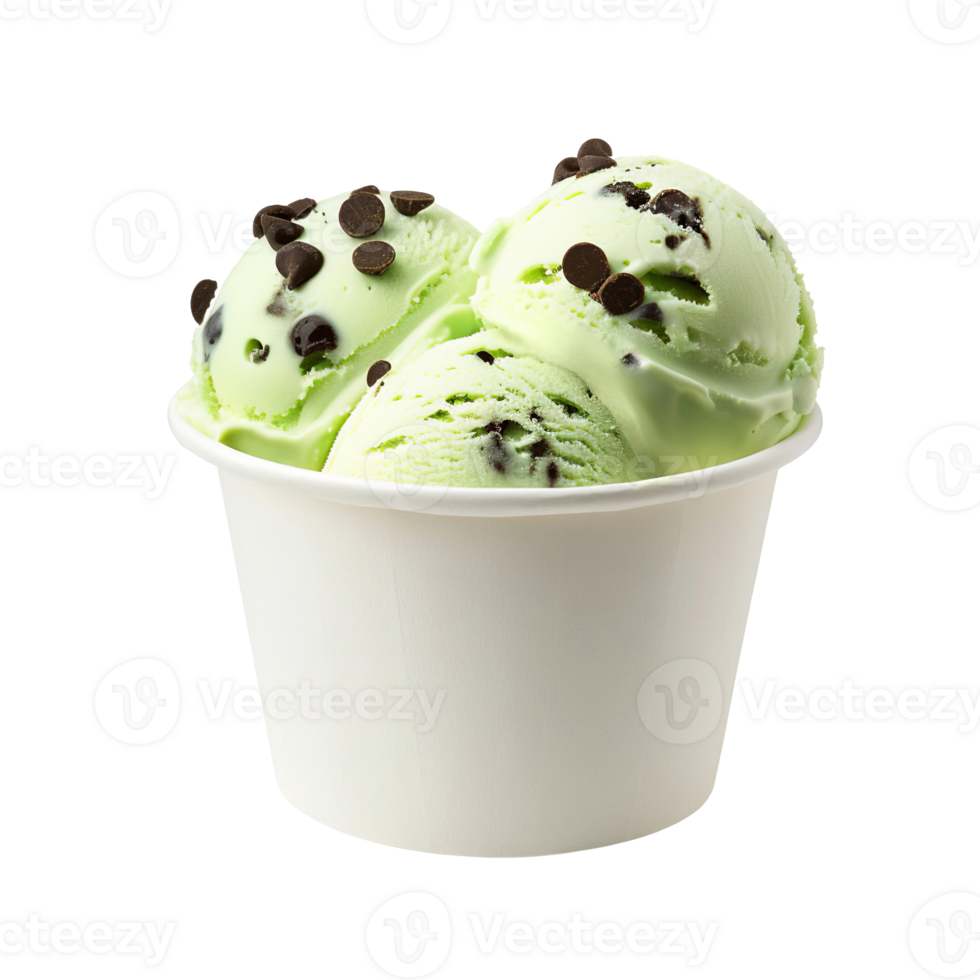 Mint chocolate chip ice cream transparent , isolated background. White paper cup mockup, parlour shop menu dessert, vibrant colorful classic flavour png