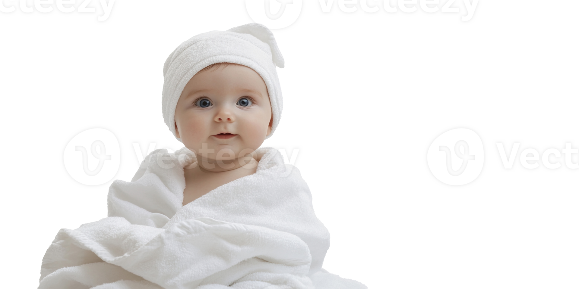 Happy joyful baby in white blanket towel transparent , isolated background cutout. Smiling toddler in cozy soft sheets png