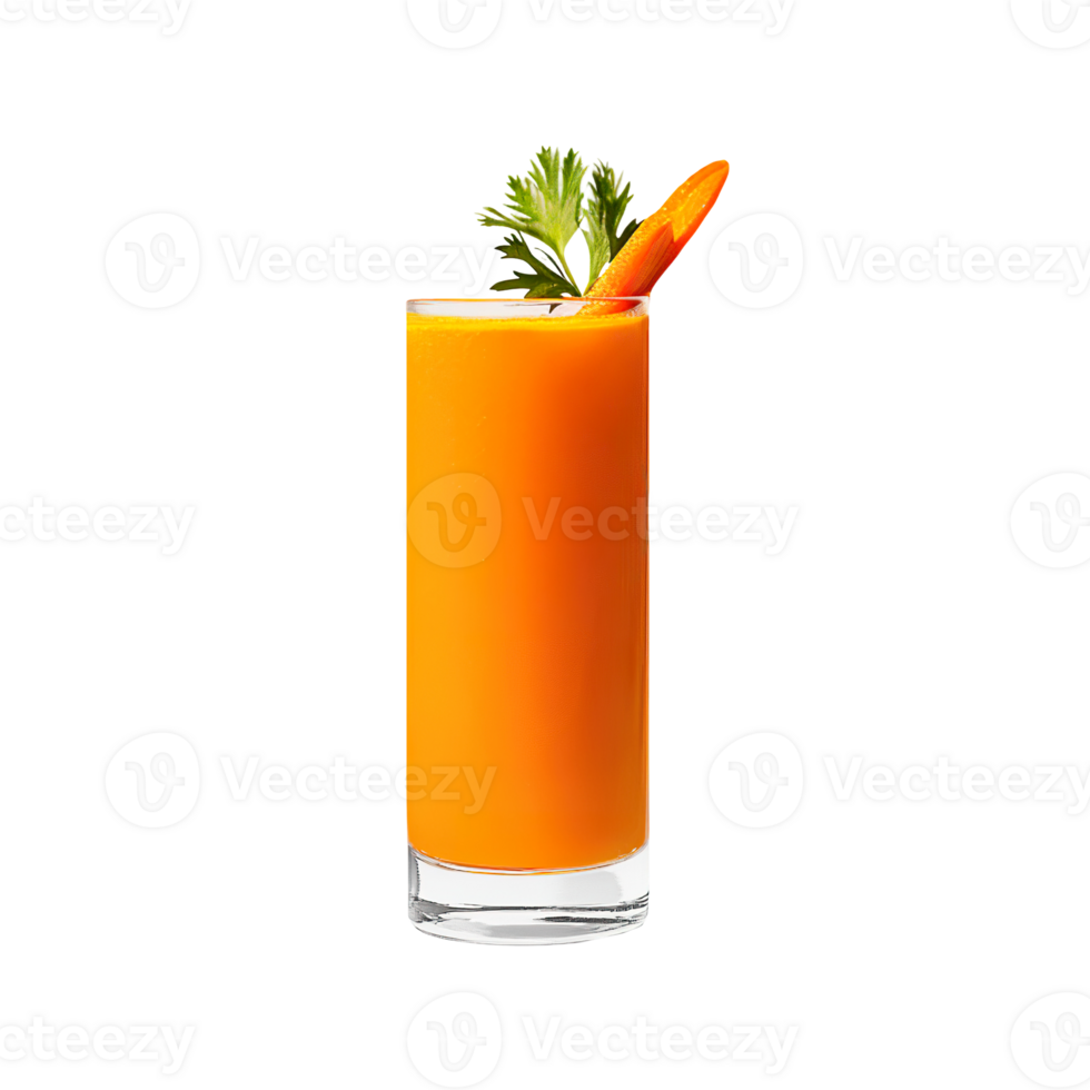 Carrot juice transparent , isolated background. Freshly squeezed refreshing summer drink in a tall glass with garnish, healthy nutritious natural superfood png