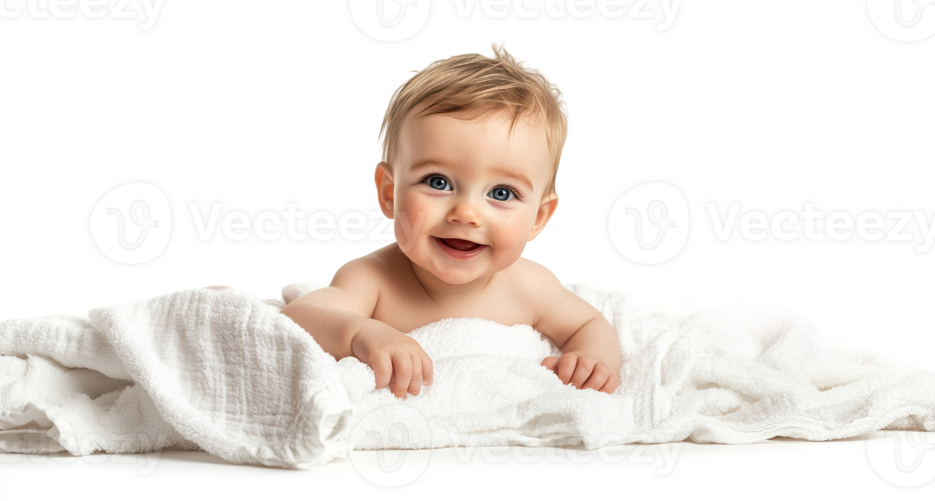 Happy joyful baby in white blanket towel transparent , isolated background cutout. Smiling toddler in soft bed sheets png
