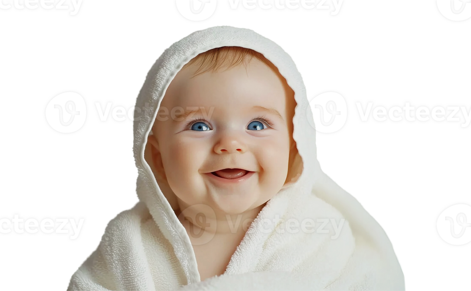 Happy joyful baby in white blanket towel transparent , isolated background cutout. Smiling toddler in cozy soft bed sheets png