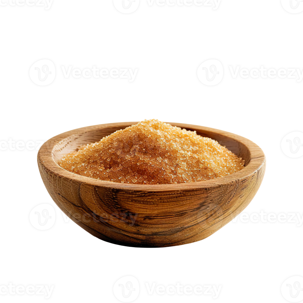 Brown sugar in a wooden bowl , transparent isolated background. Cooking ingredient, food flavour graphic element presentation png