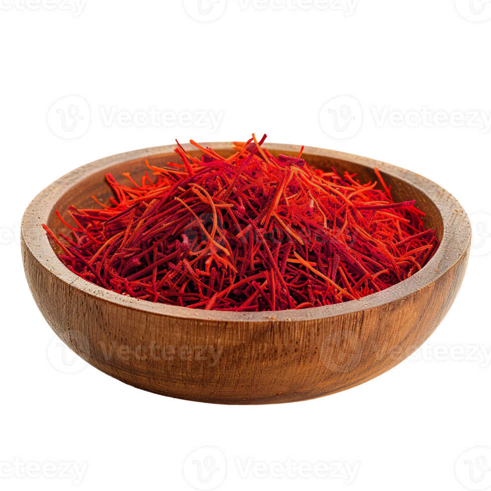 Saffron Flower spice in wooden bowl , transparent isolated background. Ground spices, vibrant vivid colorful cooking seasoning ingredient, food flavour png
