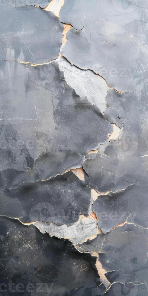 Abstract cracked texture with weathered grey surface and exposed layers photo