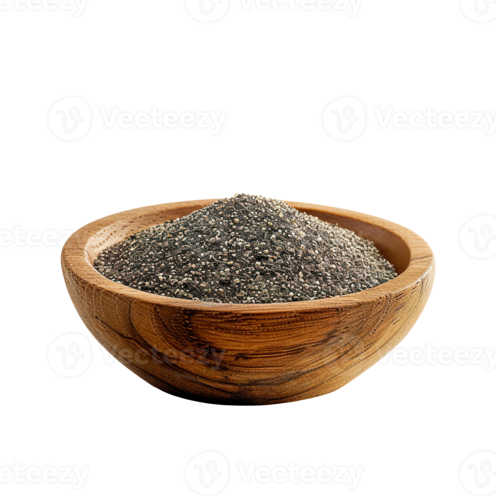 Black pepper spice in a wooden bowl , transparent isolated background. Cooking seasoning ingredient, food flavour graphic element presentation png