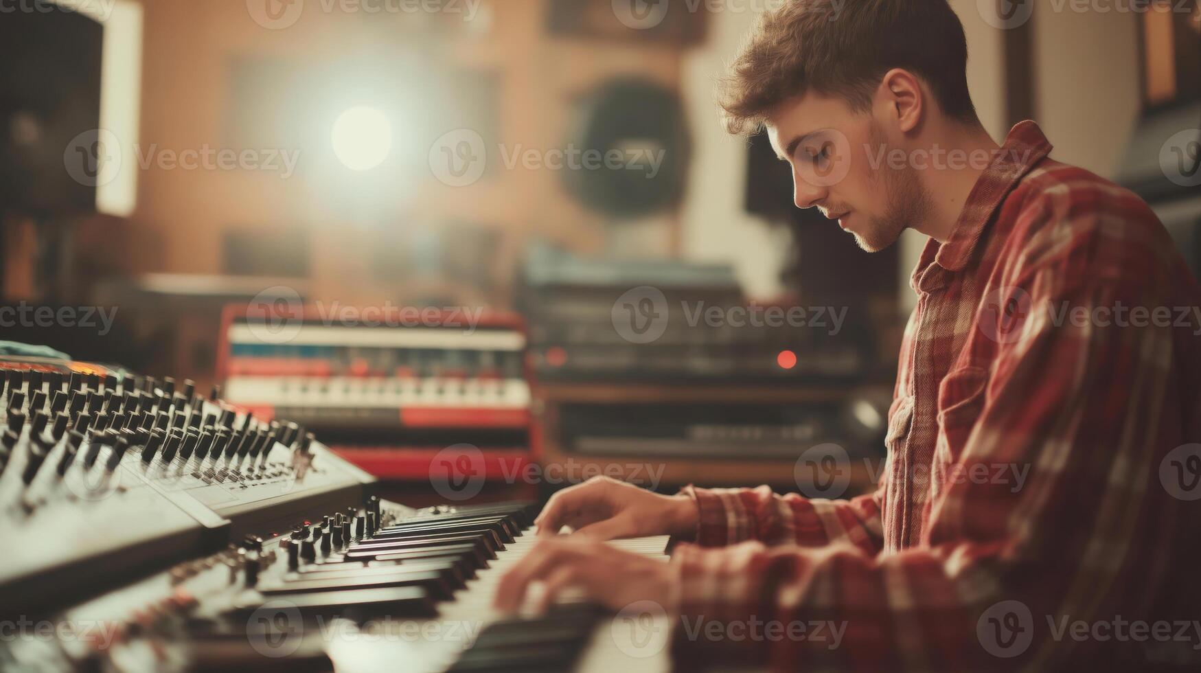 Young Musician Composing in Studio with Vintage Synthesizers and Keyboard photo