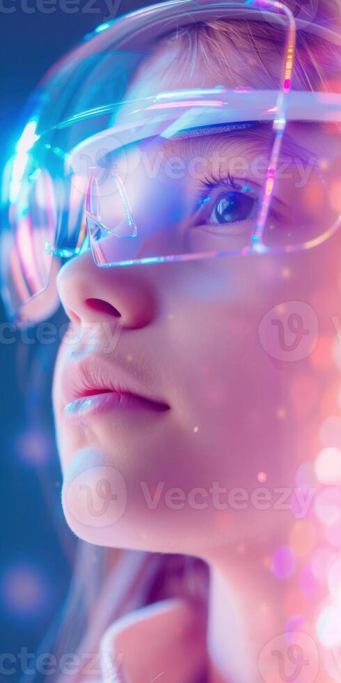 Young asian woman exploring virtual reality with futuristic glowing headset photo